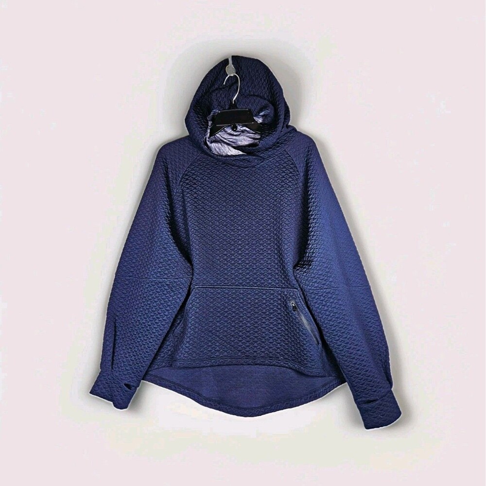 Zella Quilted Jacquard Hoodie Womens Large Navy Blue Scuba Funnel Neck Thumbhole